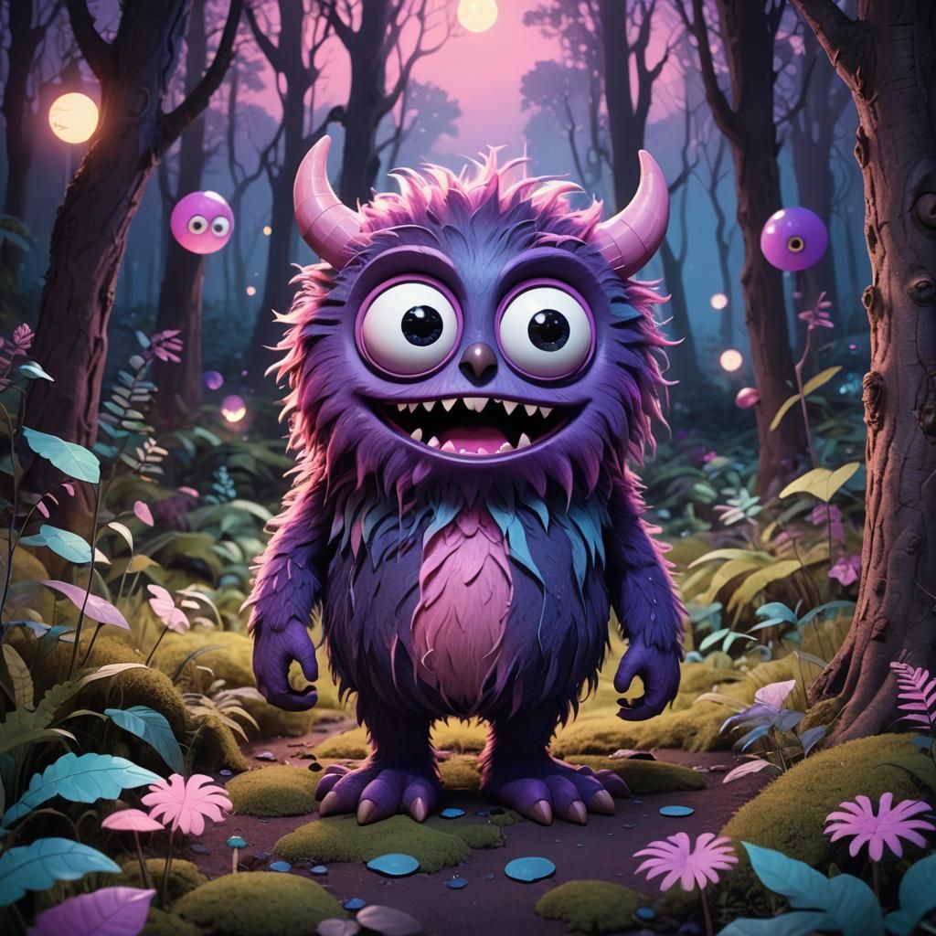 Fluffy Monster in Whimsical Twilight Forest