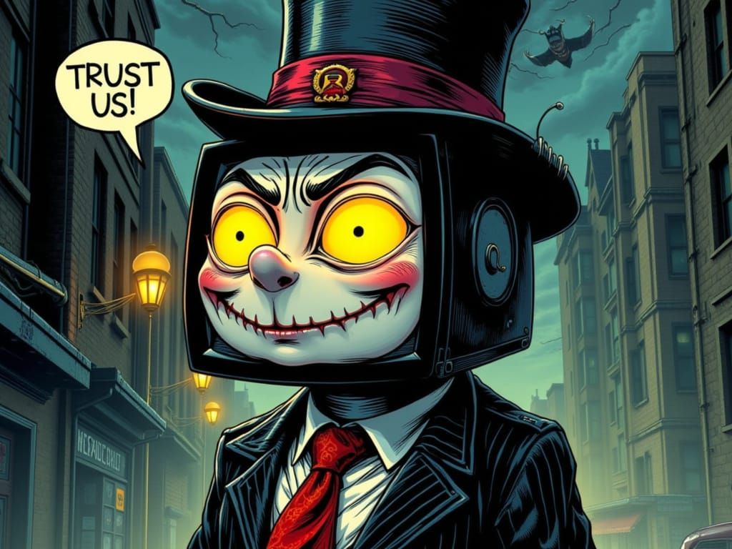 Creepy AI Character: Monitor Face, Striped Suit, and Top Hat