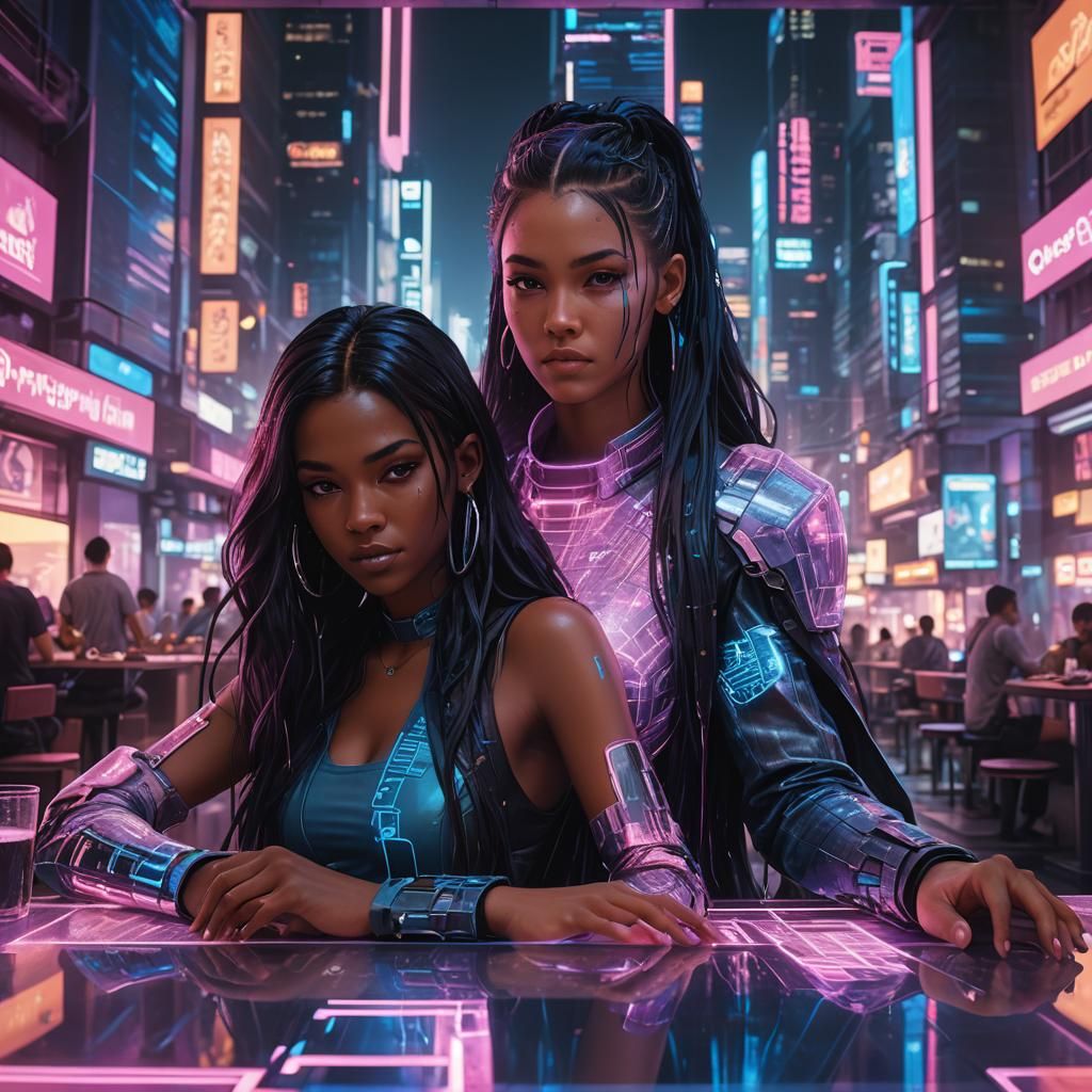 Cyberpunk Cafe Scene with Neon Lights