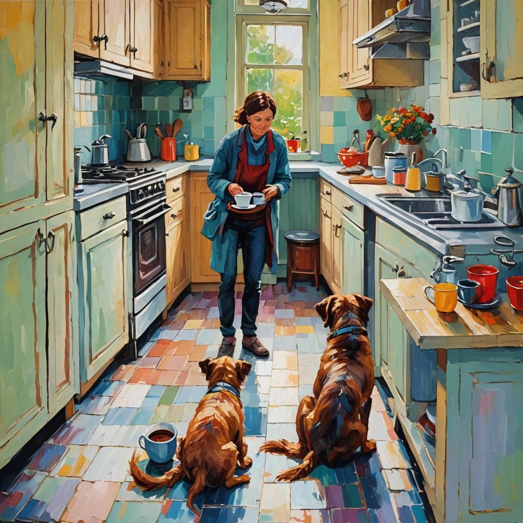 Coffee with Dog: Neo-Impressionist Expressionist Oil Paintin...