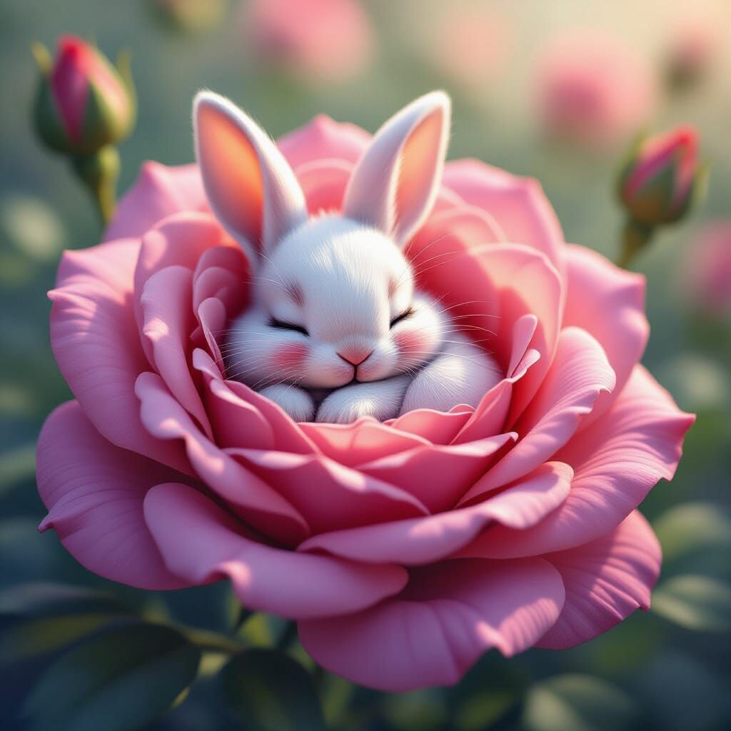 Cute Bunny Sleeping in Giant Rose Hyperrealistic Art