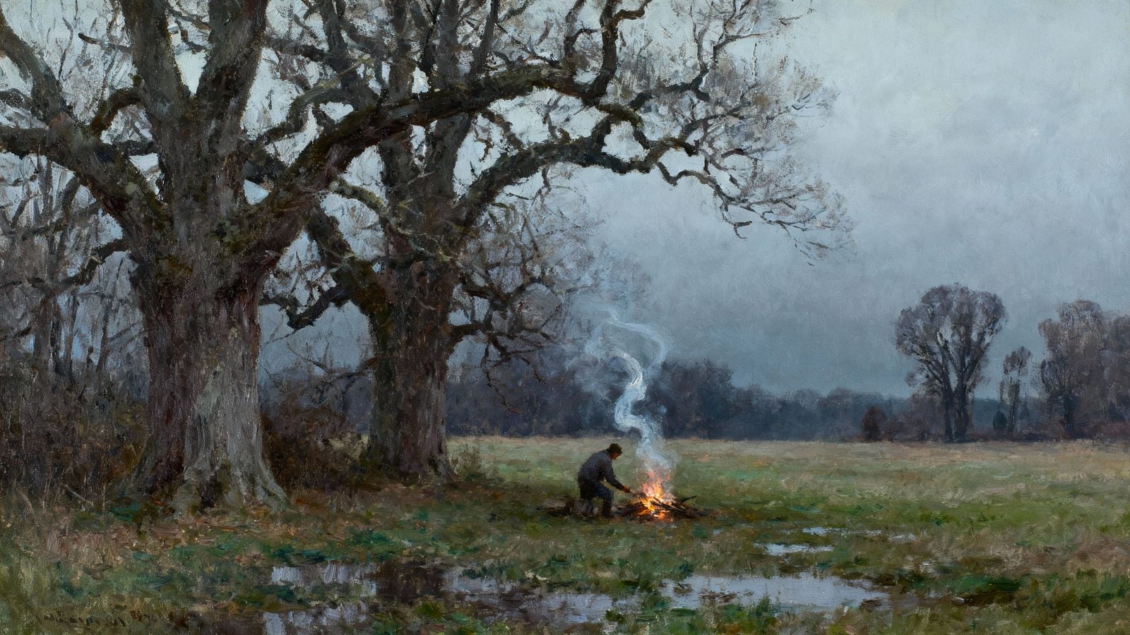 Figure Tending Campfire in Moody Spring Morning Oil Painting