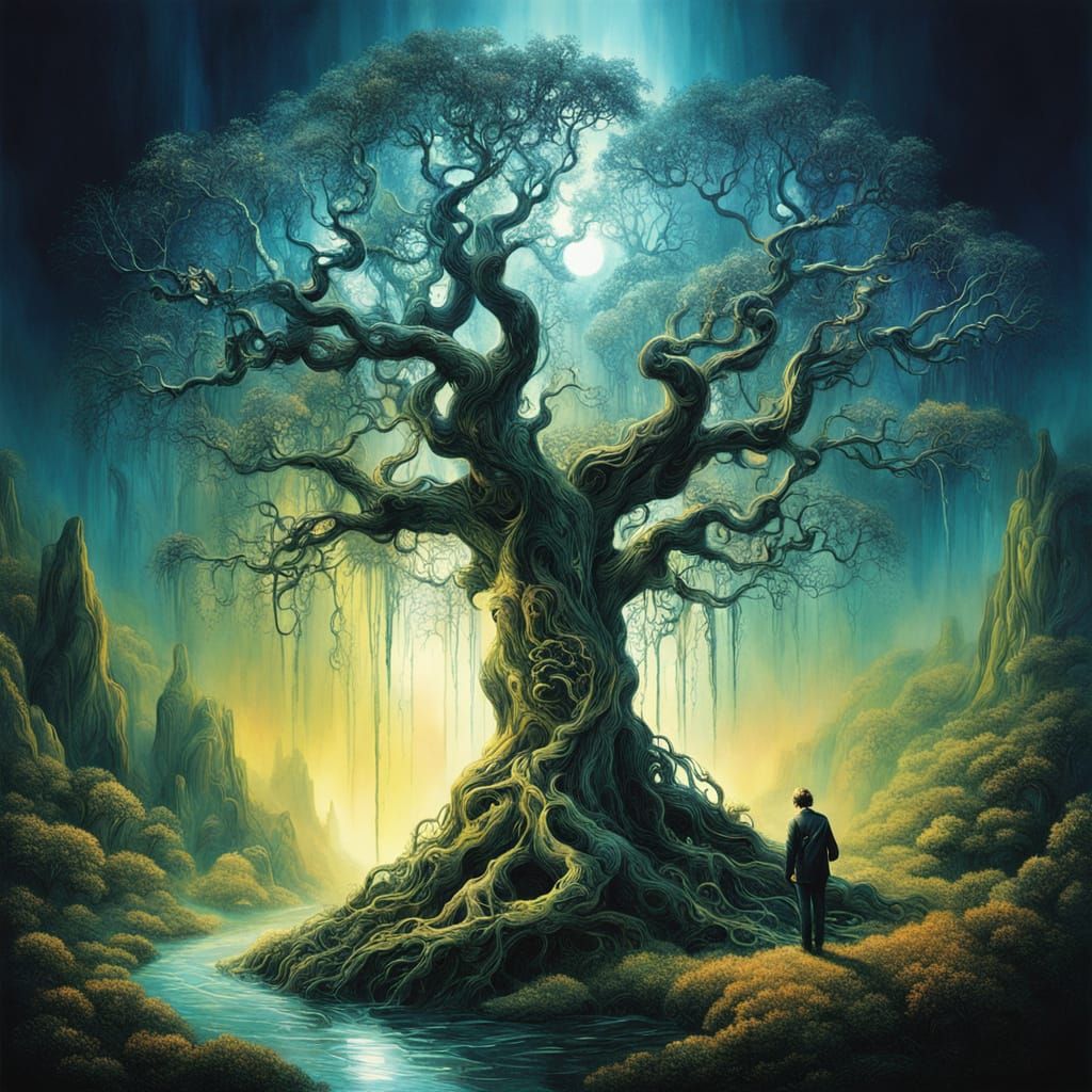 Future City Blooms on Ancient Olive Tree in Vibrant Digital ...