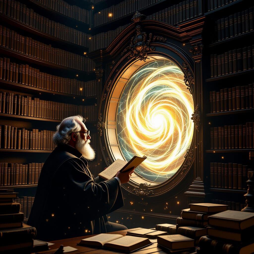 Old Librarian Finds Magical Portal Amidst Ancient Books
