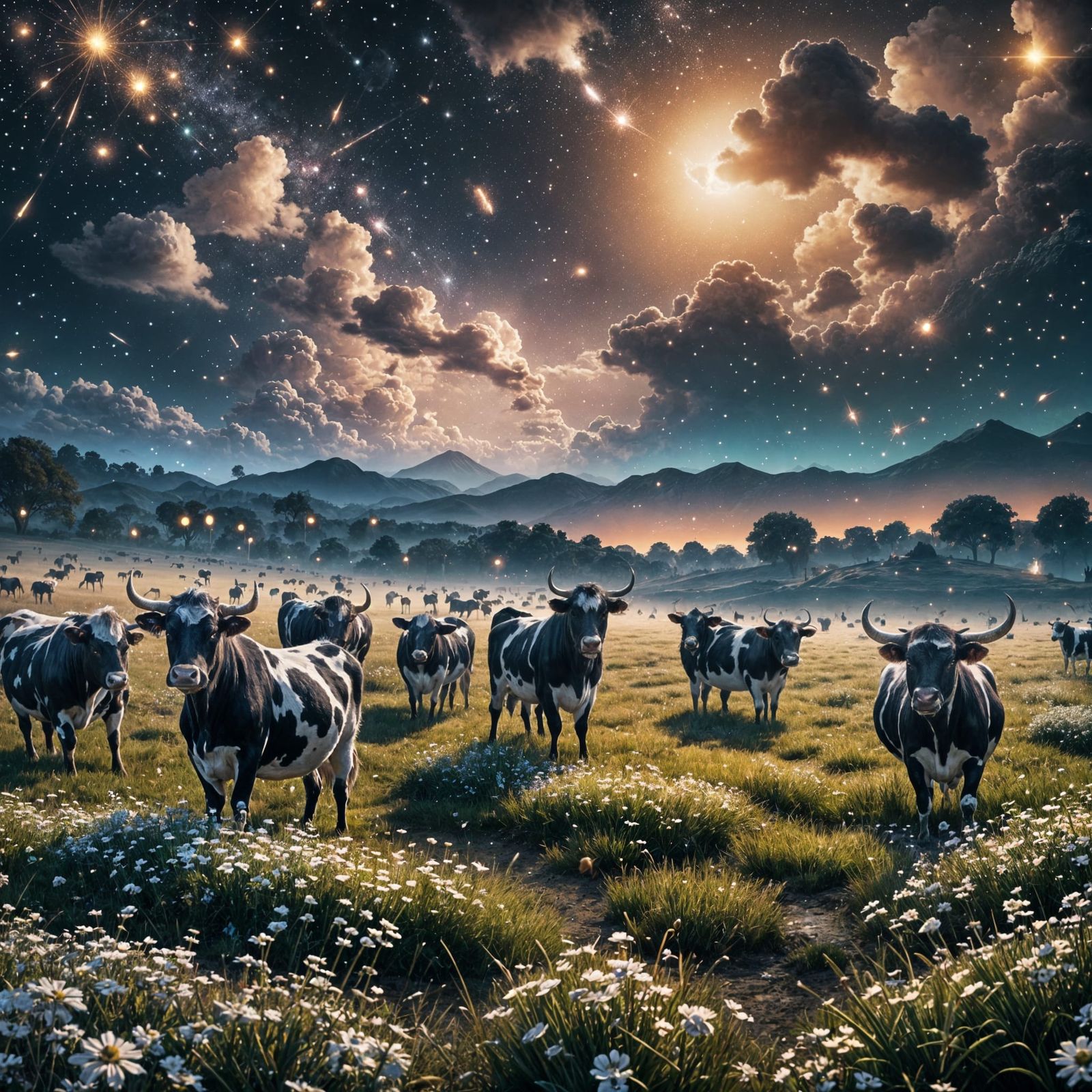 Shooting Star Over Fantasy Field with Cows