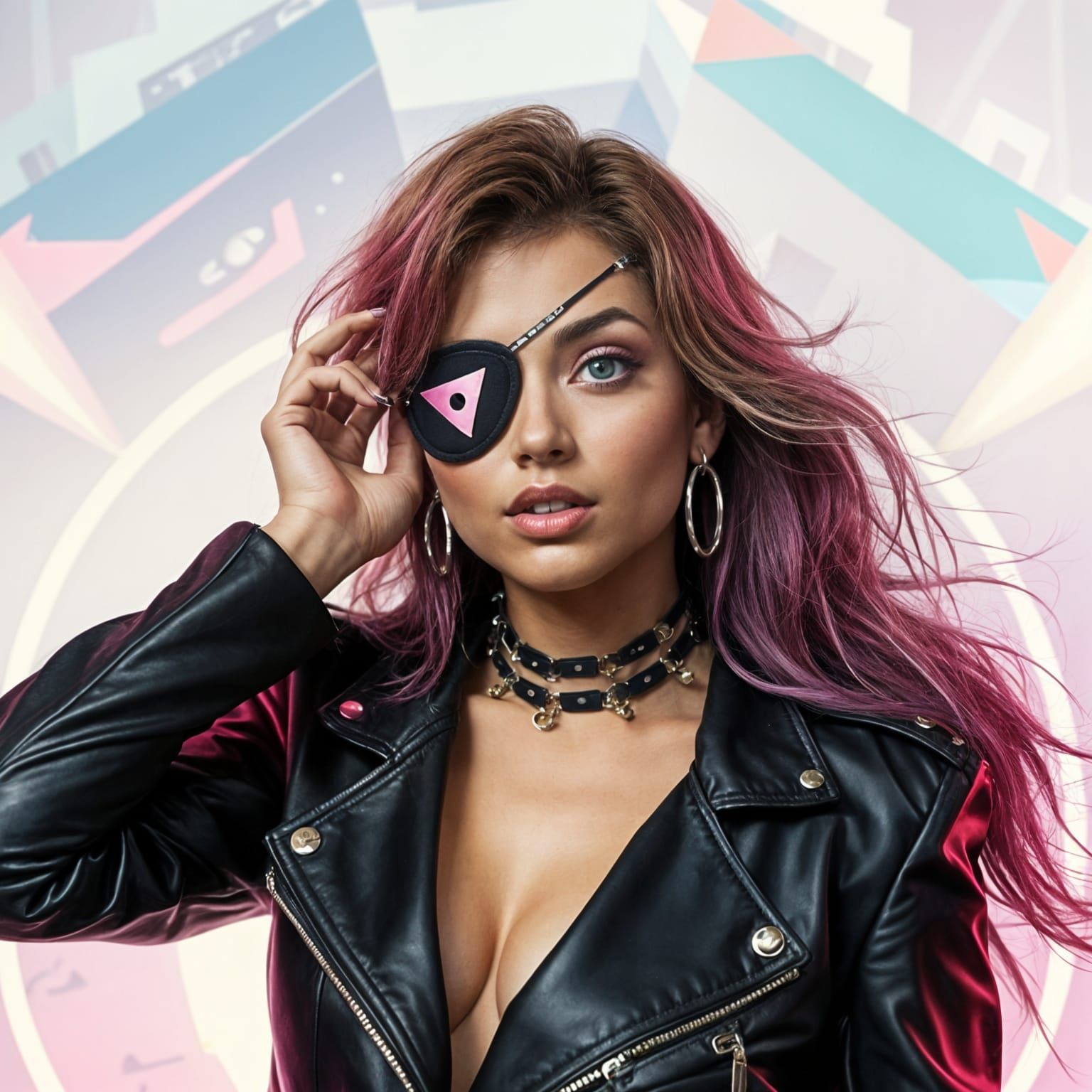 Vaporwave Portrait of One-Eyed Punk Woman in 80s Style