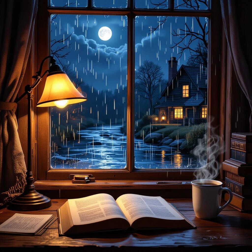 Cozy Riverside Cottage Study by Moonlight