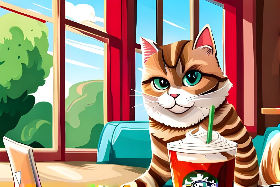 Relaxed Cat in Coffee Shop: Acrylic Painting