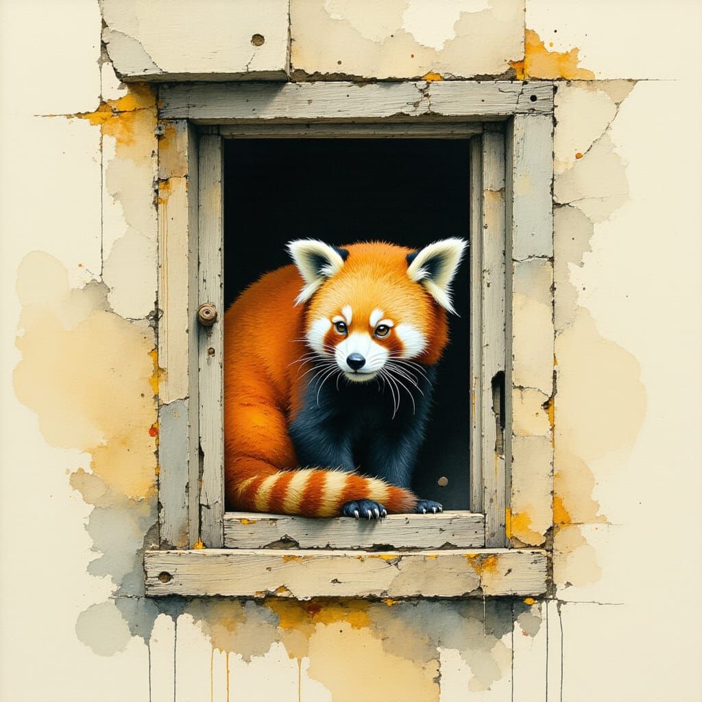 Red Panda Peeks Through Old Window in Watercolor