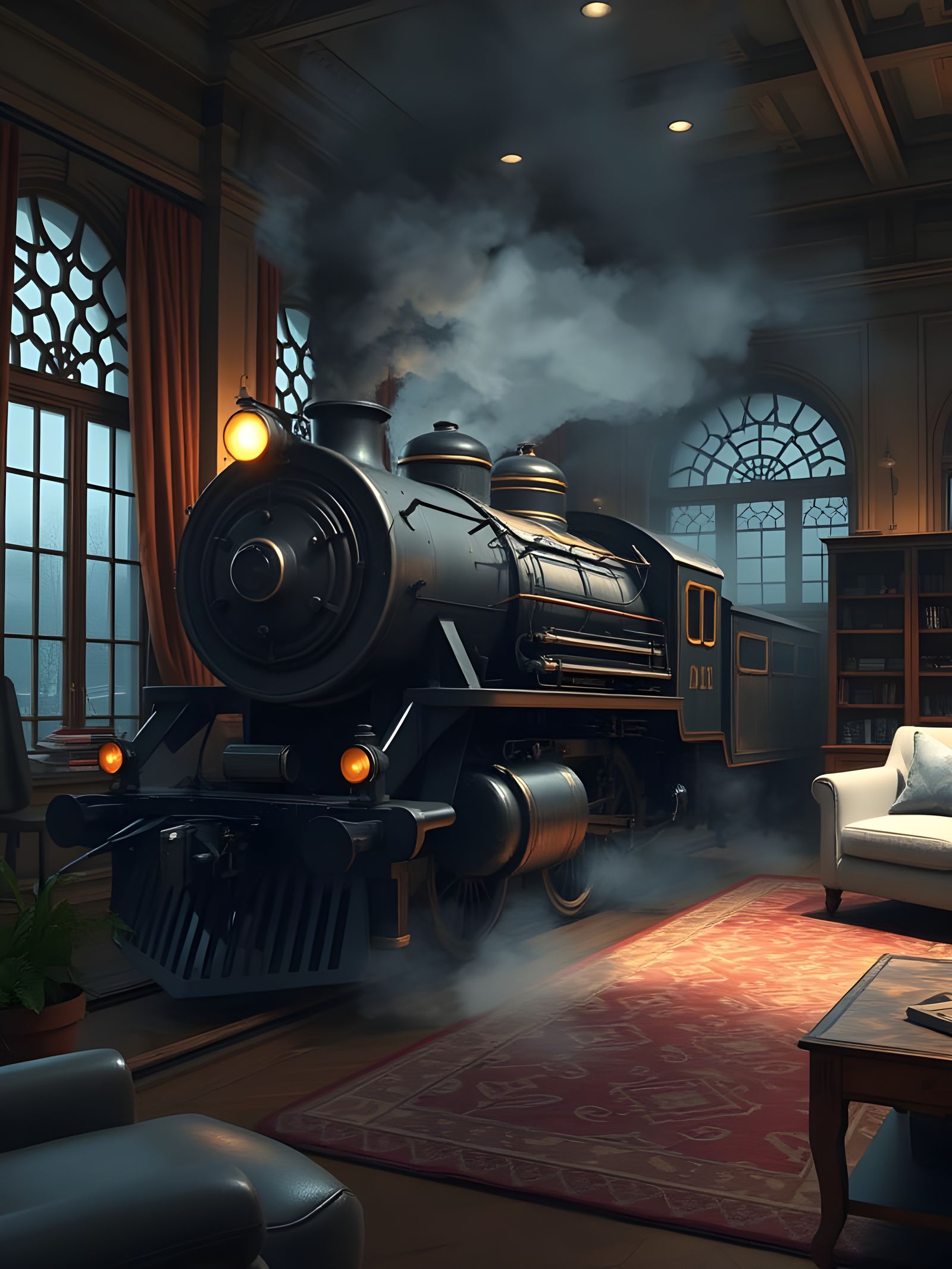 Dramatic Train Engine in Opulent Domestic Setting