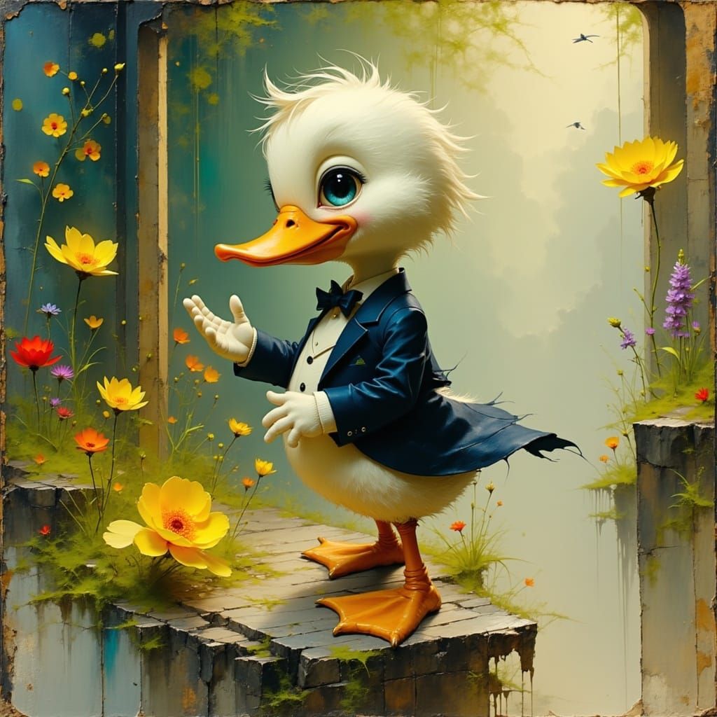 Duckling in Tuxedo Dancing in a Surreal Landscape