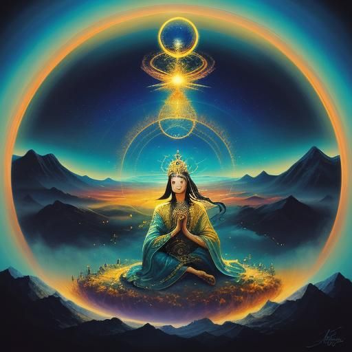 Ethereal Woman Meditating in Surreal Oil Painting