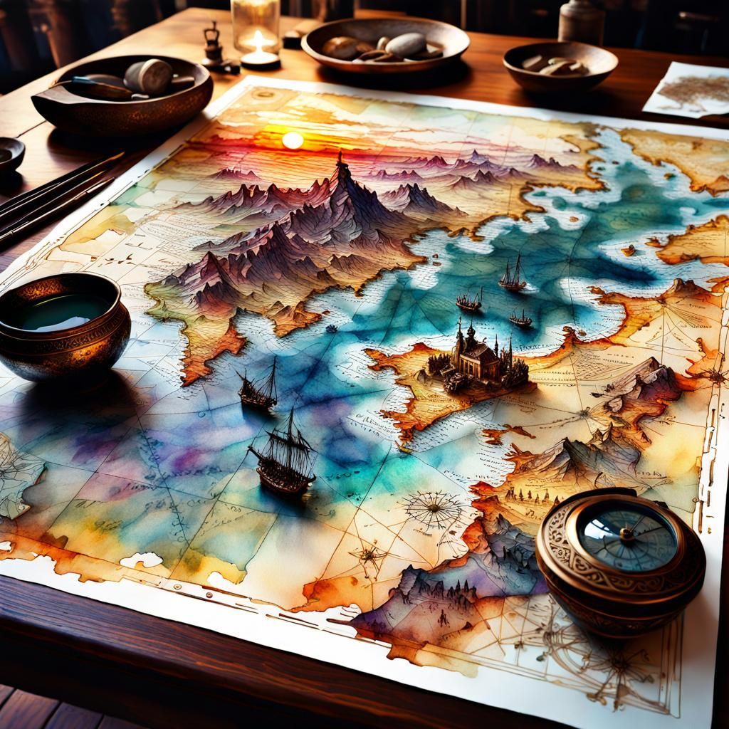 Medieval Treasure Map: Digital Watercolor Illustration