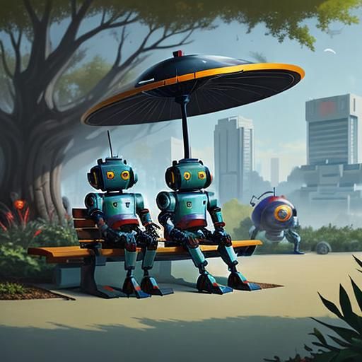Two Adorable Robots Relax in Cyberpunk Alien Park