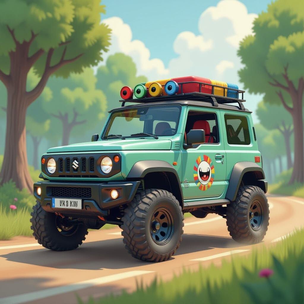 Cartoon Suzuki Jimny in Whimsical Landscape