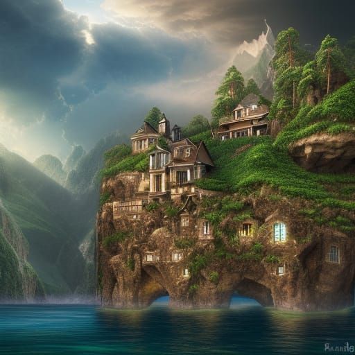 Photorealistic Cliffside Mega Mansion in Hyperrealistic Land...