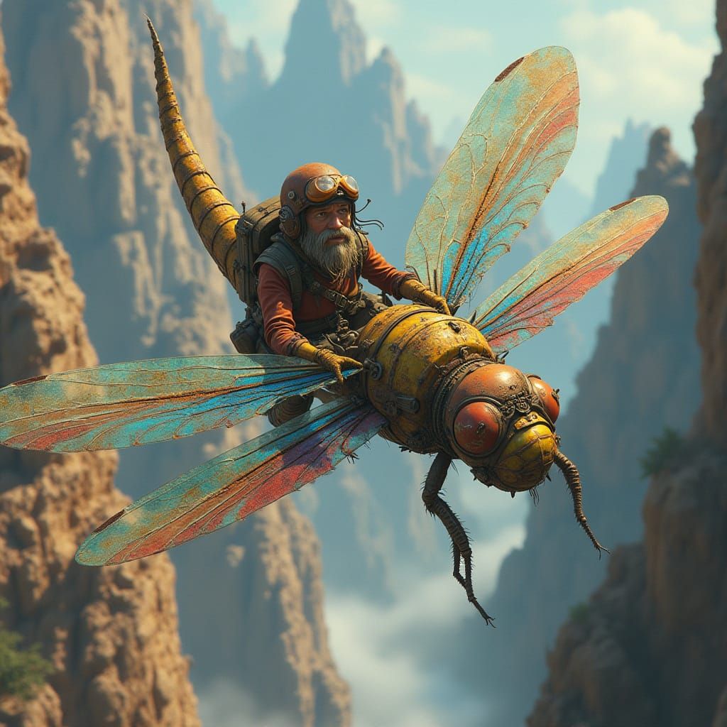 Steampunk Dragonfly Ornithopter Soaring Through Canyon