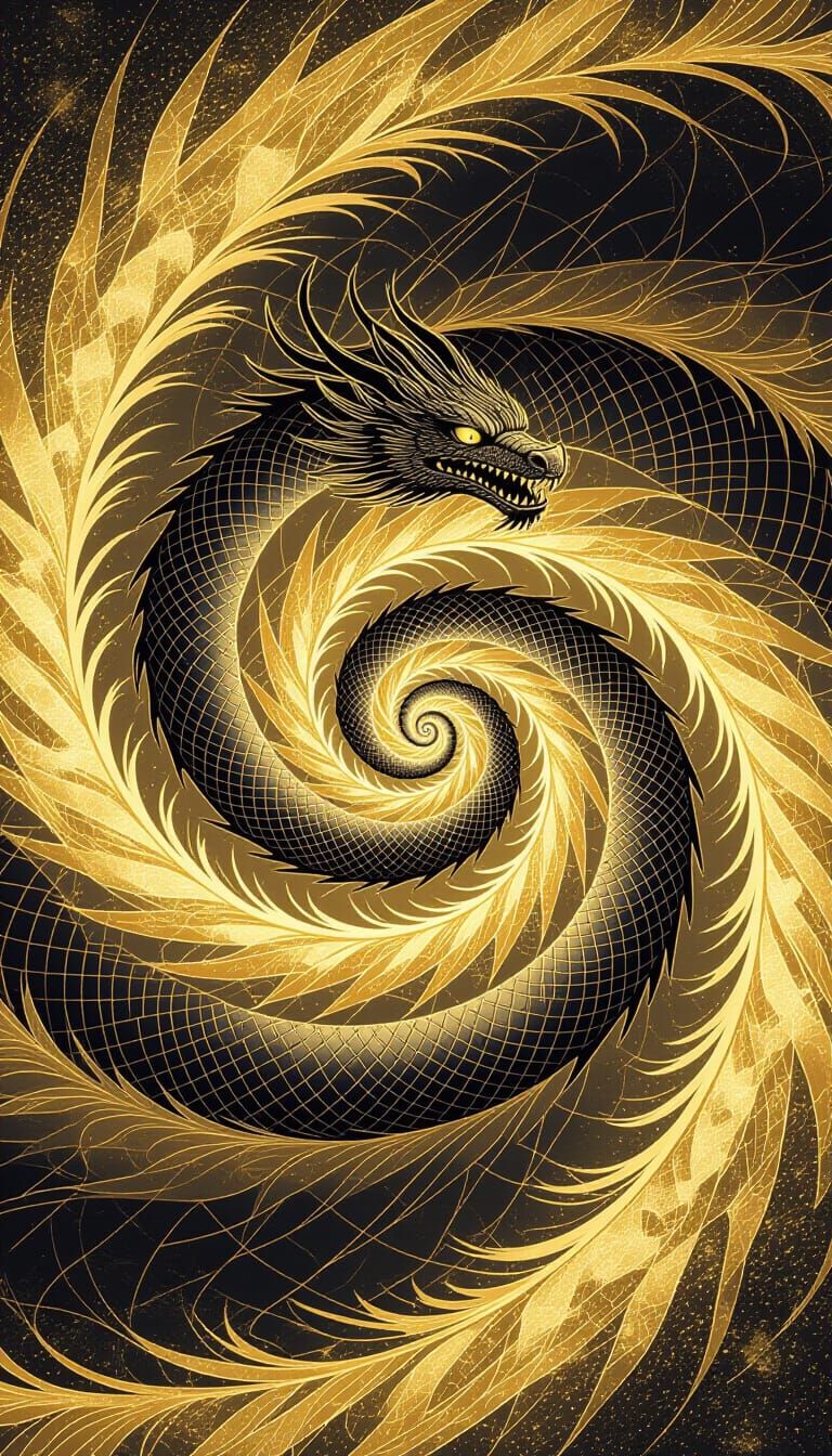 Golden Serpent Dragon in Engraving Style Vortex