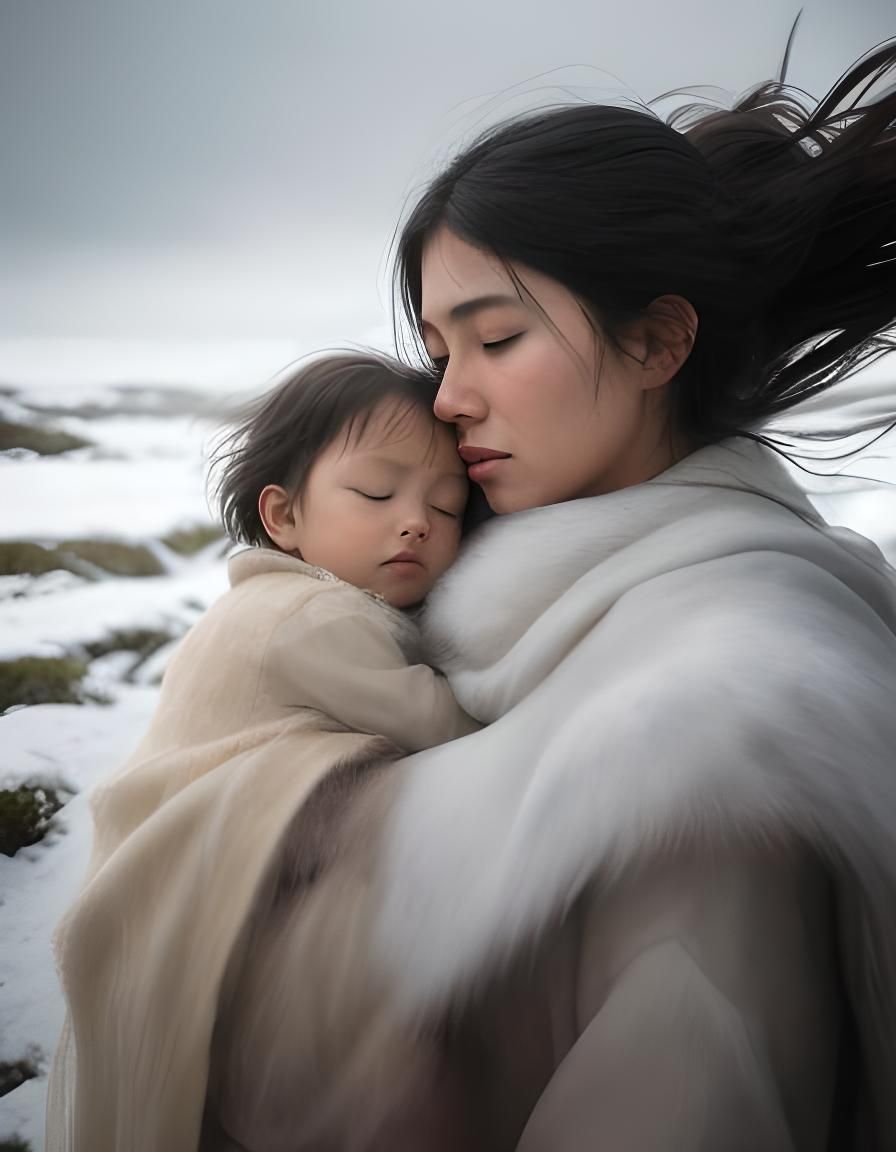 Ice Age Mother Shelters Baby from Blizzard