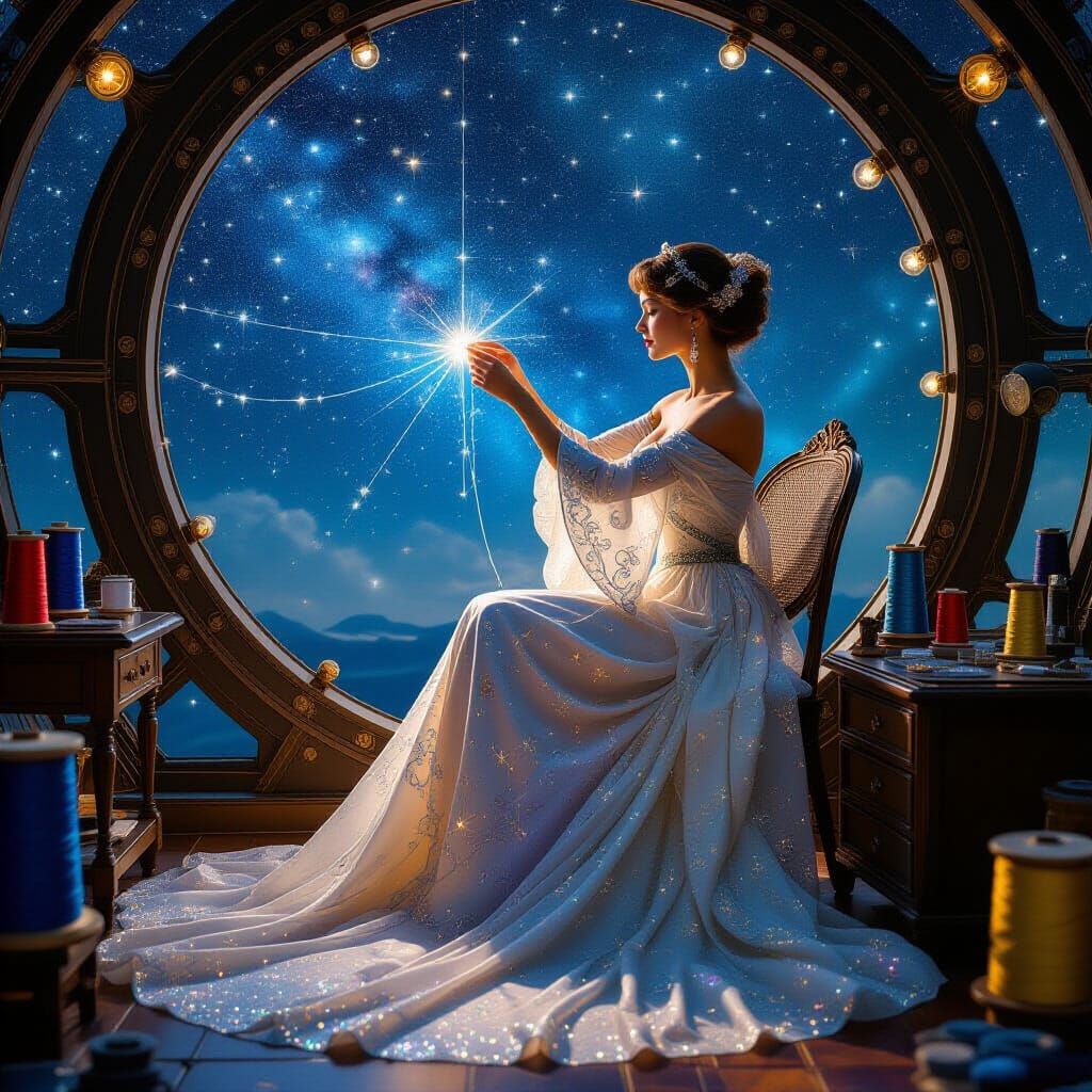 Celestial Seamstress Sewing Constellations in Art Nouveau St...