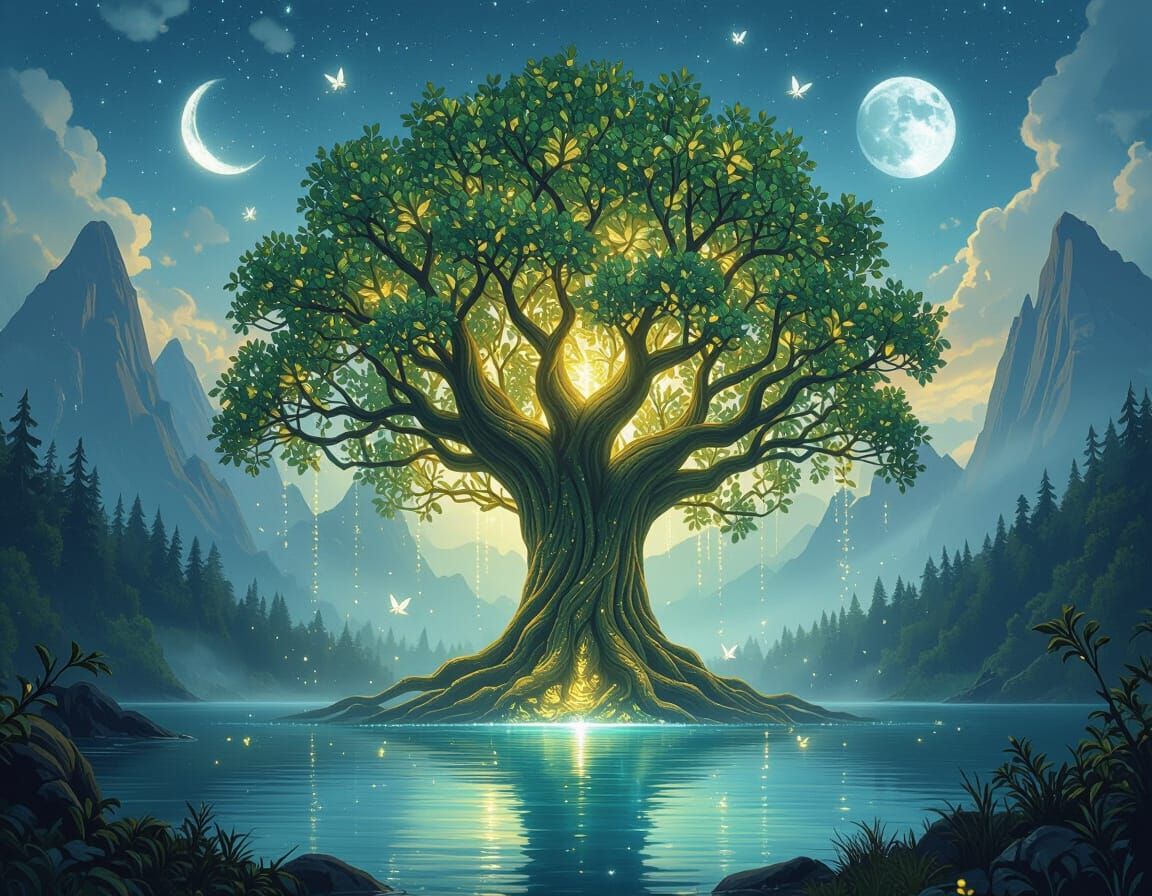 Luminous Tree in Crystal Forest, Painterly Style