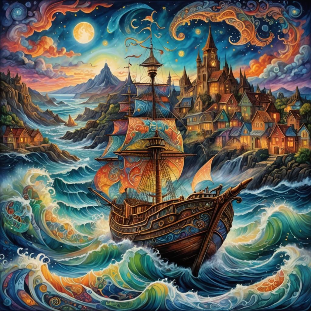 Fantasy Boat on Turbulent Ocean in Zentangle Sky