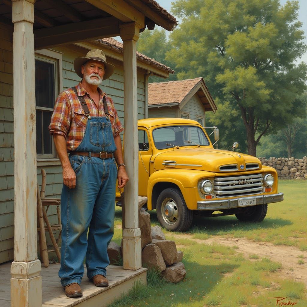 Rustic Scene: Man Building Porch with Ford Truck