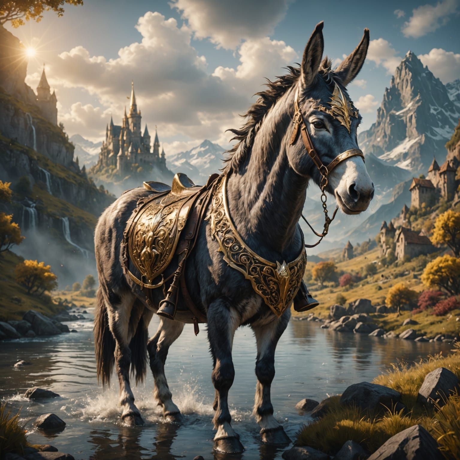 Golden Horned Donkey-Unicorn Fantasy Concept Art
