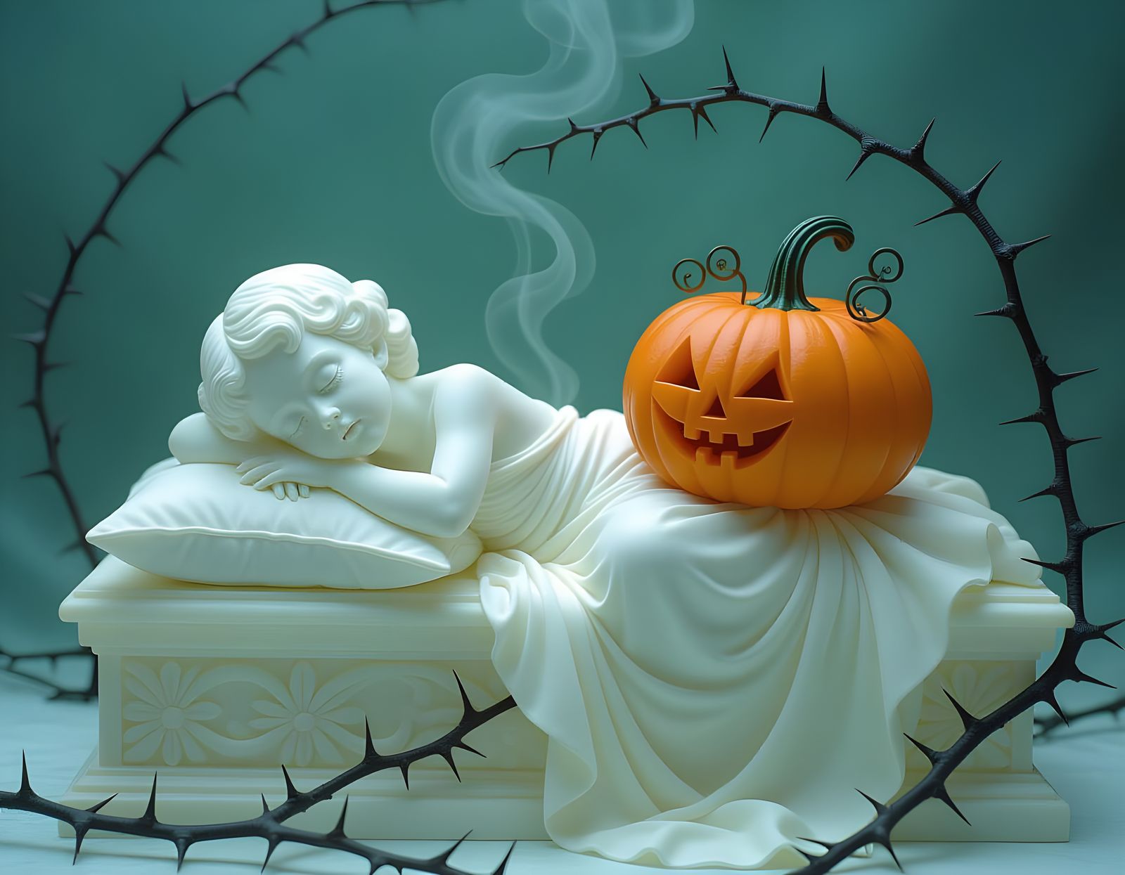 Child Sleeping on Sarcophagus with Smoke Carolers