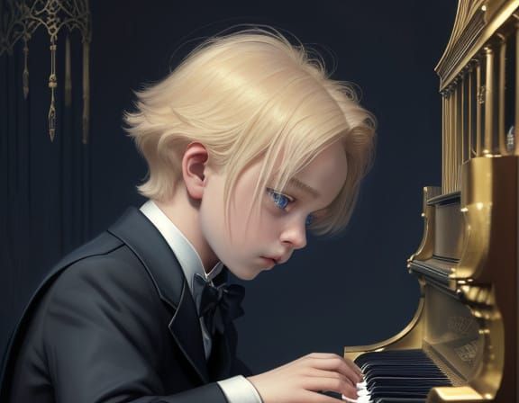 Melancholy Child Pianist in Surreal Art Nouveau Portrait