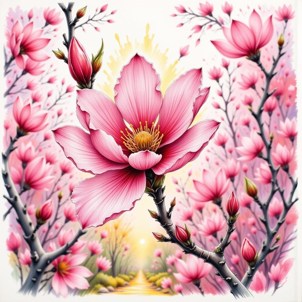 Apple Blossom Close-Up in Colored Pencil Style