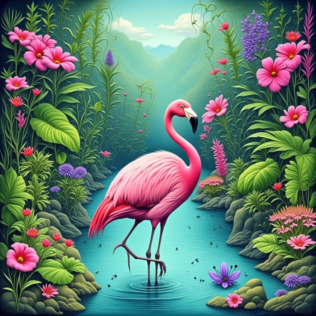 Whimsical Flamingo in Floral Landscape