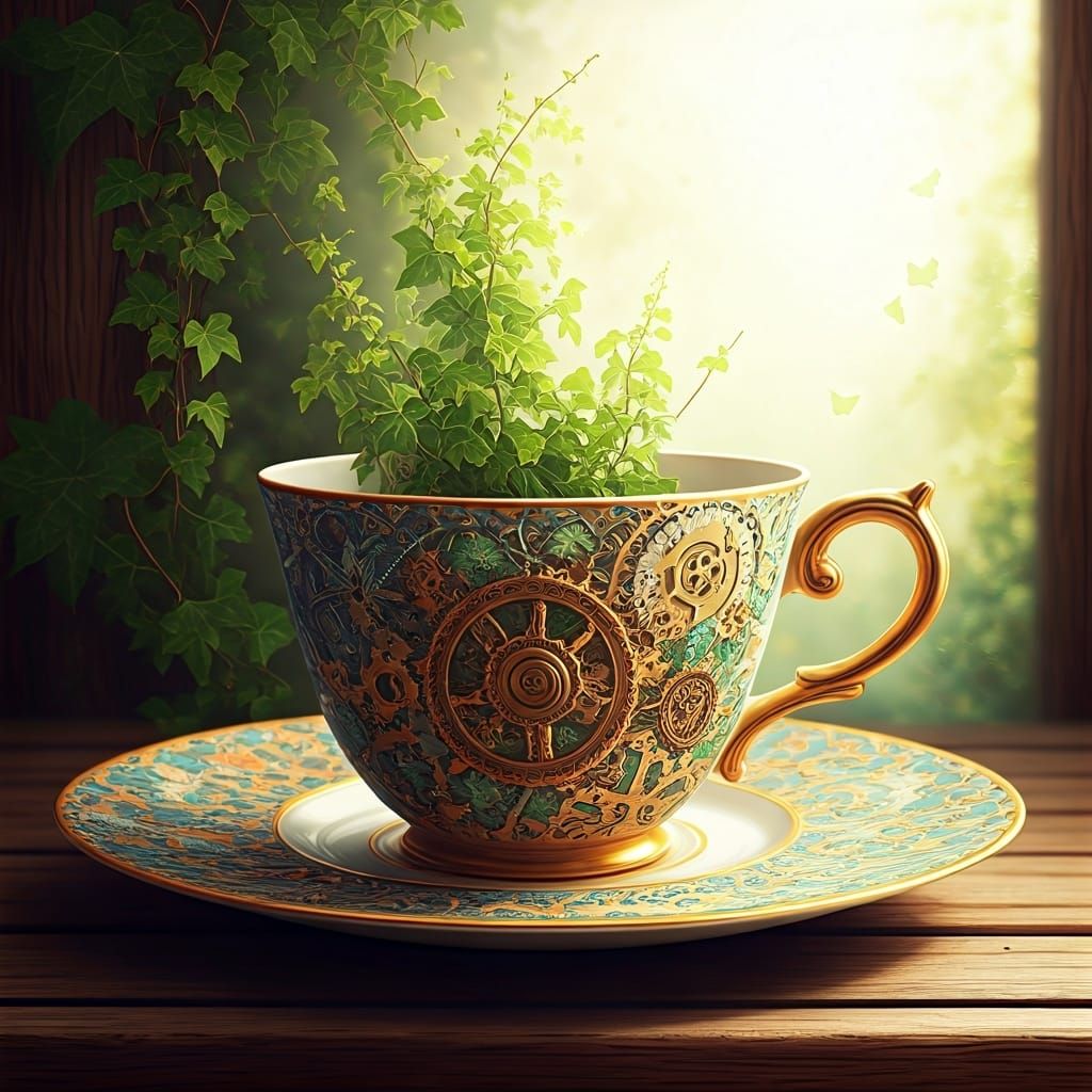 Steampunk Teacup with Flora in Watercolor Style