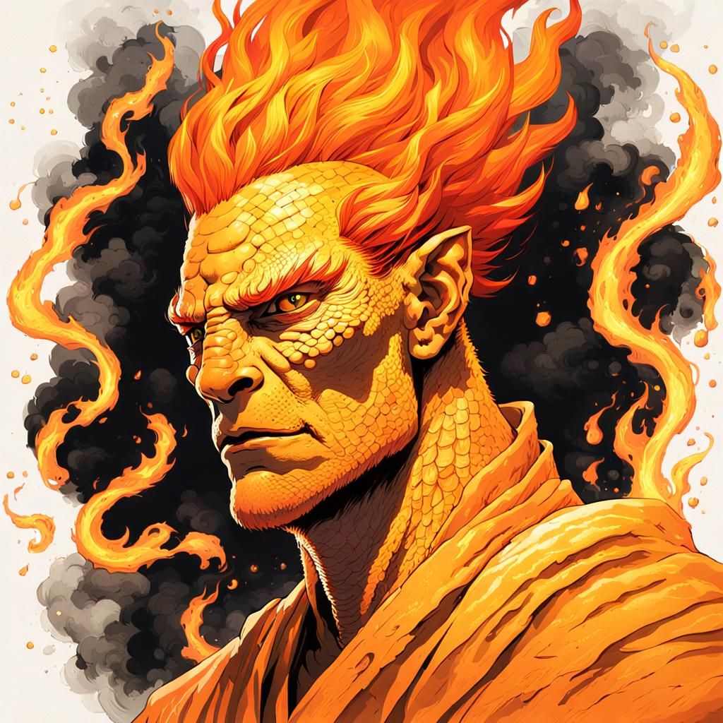 Reptilian Fire God with Flaming Ponytail