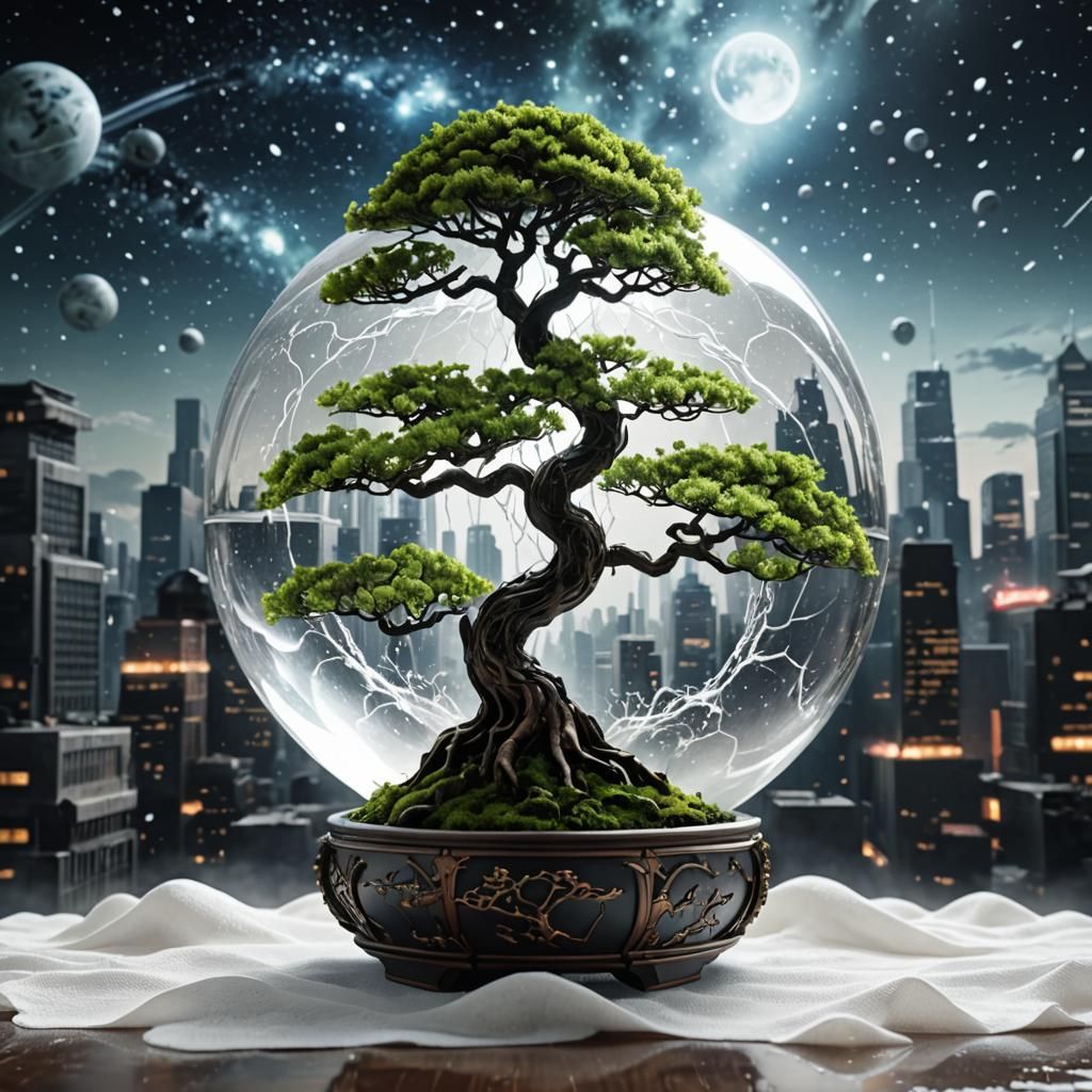 Glowing Magical Bonsai Tree Over Cityscape