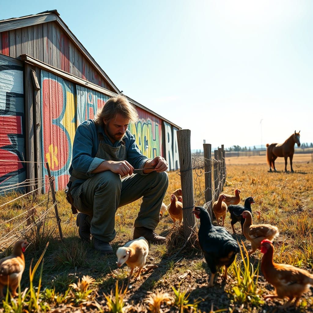Rugged Farmer in Vibrant, Graffiti-Tagged Landscape