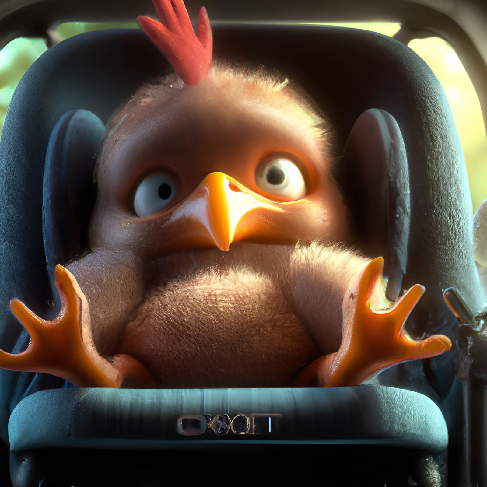 Adorable Rooster in Car Seat, 3D Render