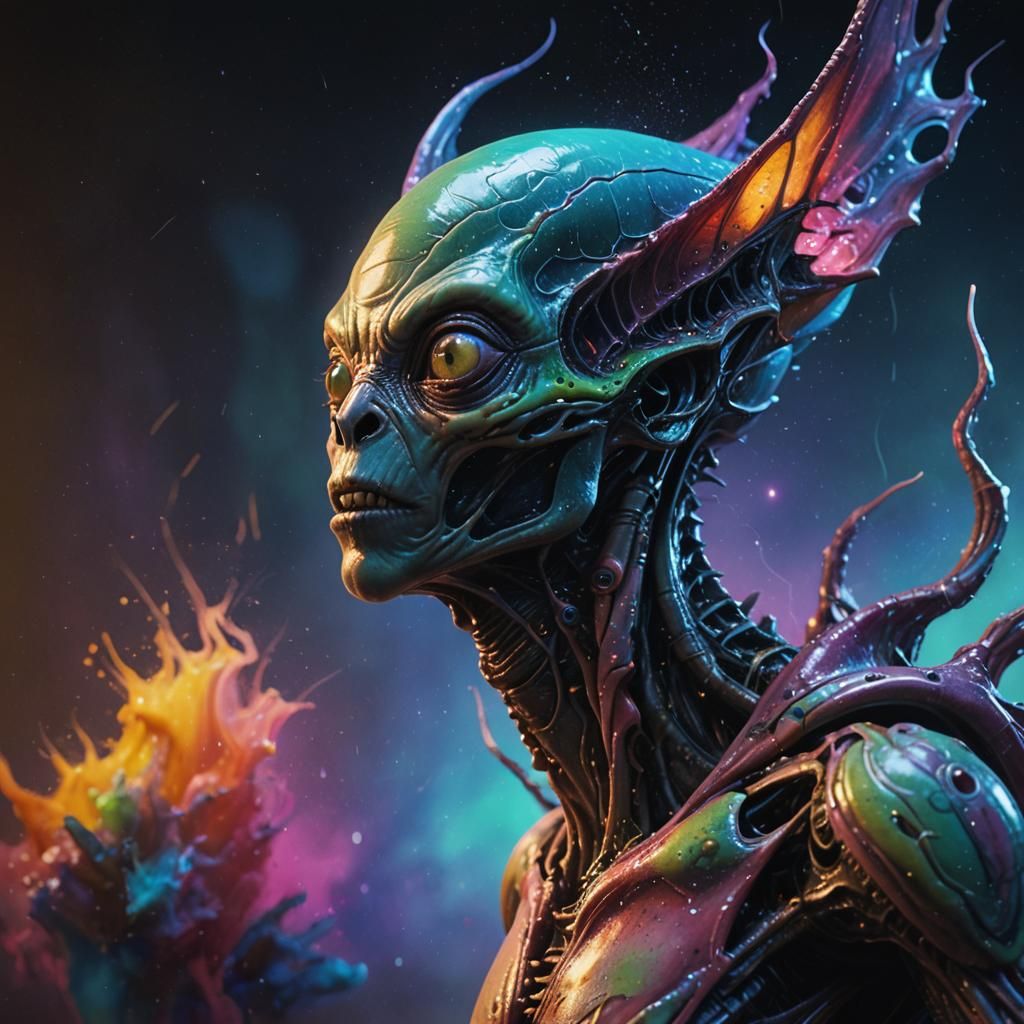 Hyperrealistic Alien Portrait in Colorful Home