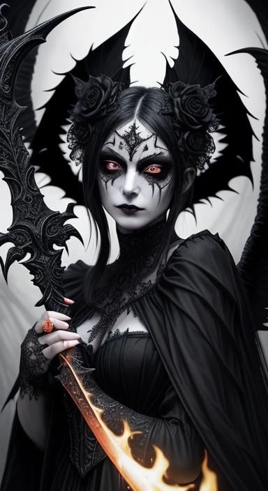 Dark Gothic Vampire with Flaming Sword in Red