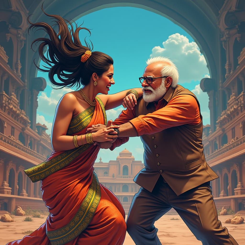 Humorous Wrestling Match in Futuristic Art Style