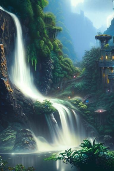 Fantastical Waterfall Concept Art in Deep Color