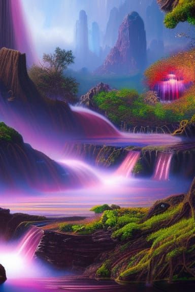 Fantastical Waterfall Concept Art in Deep Color
