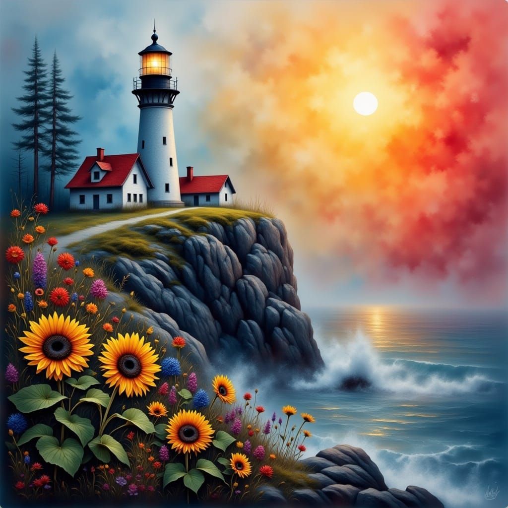 Whimsical Watercolor Lighthouse in Foggy Atmosphere