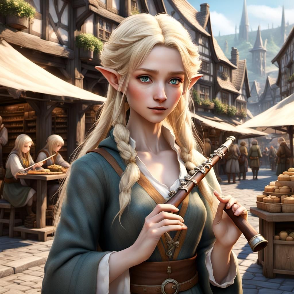 Hobbit Flutist in Fantasy Town: 3D Anime Art