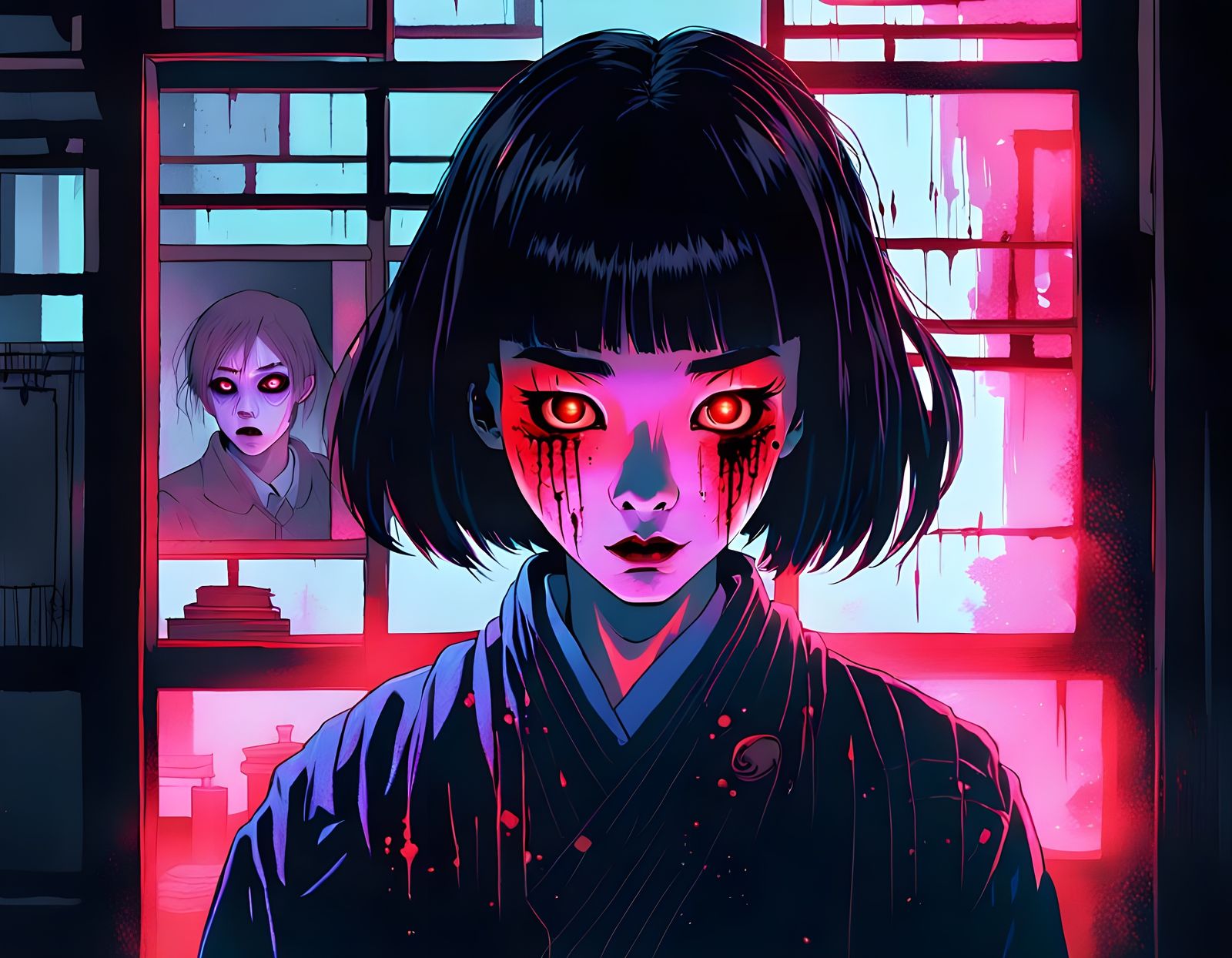 Asian Woman's Ethereal Portrait in a Haunting Horror Scene