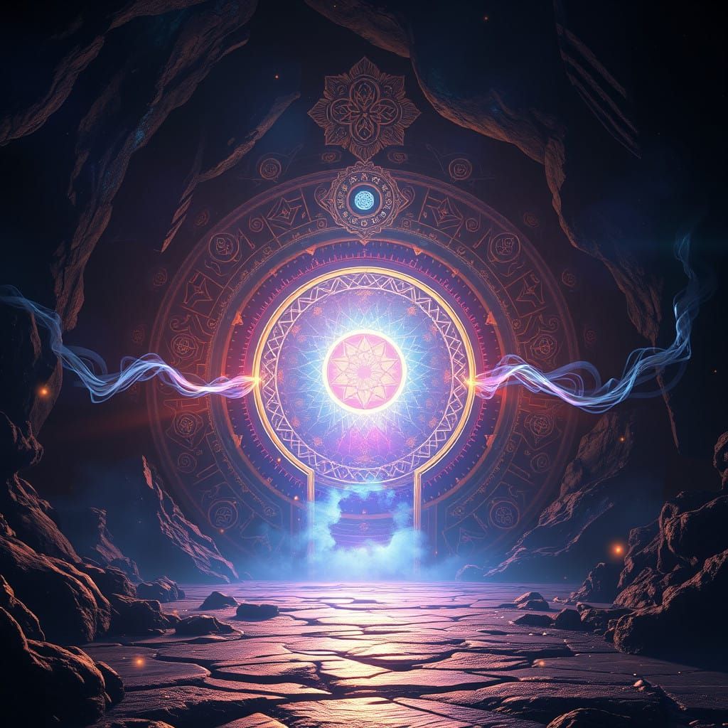 Iridescent Portal Unveils Mystical Realms in Cyberpunk Art S...