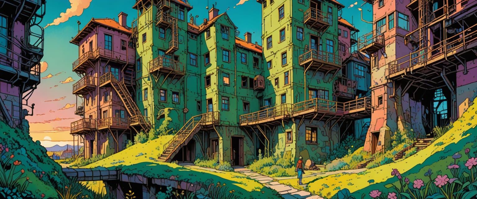 Industrial Wasteland: Comic Book Style Watercolor Landscape