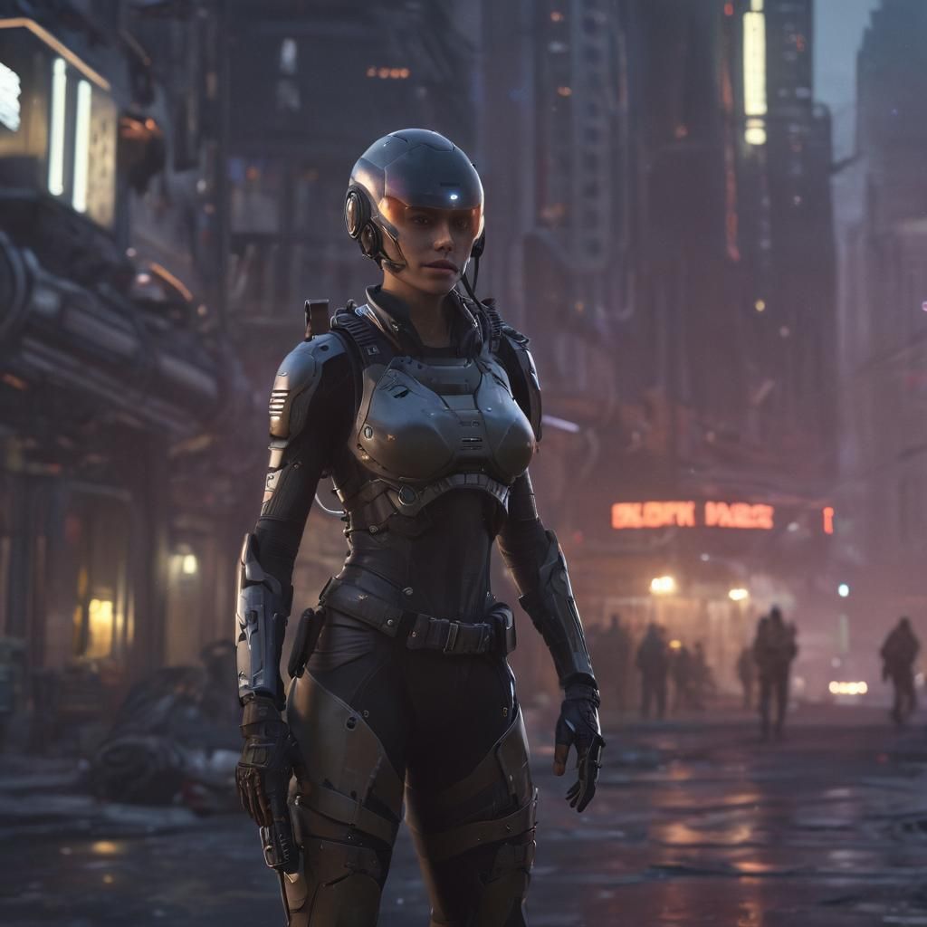 Futuristic Rebel Soldier in Cyberpunk Cityscape