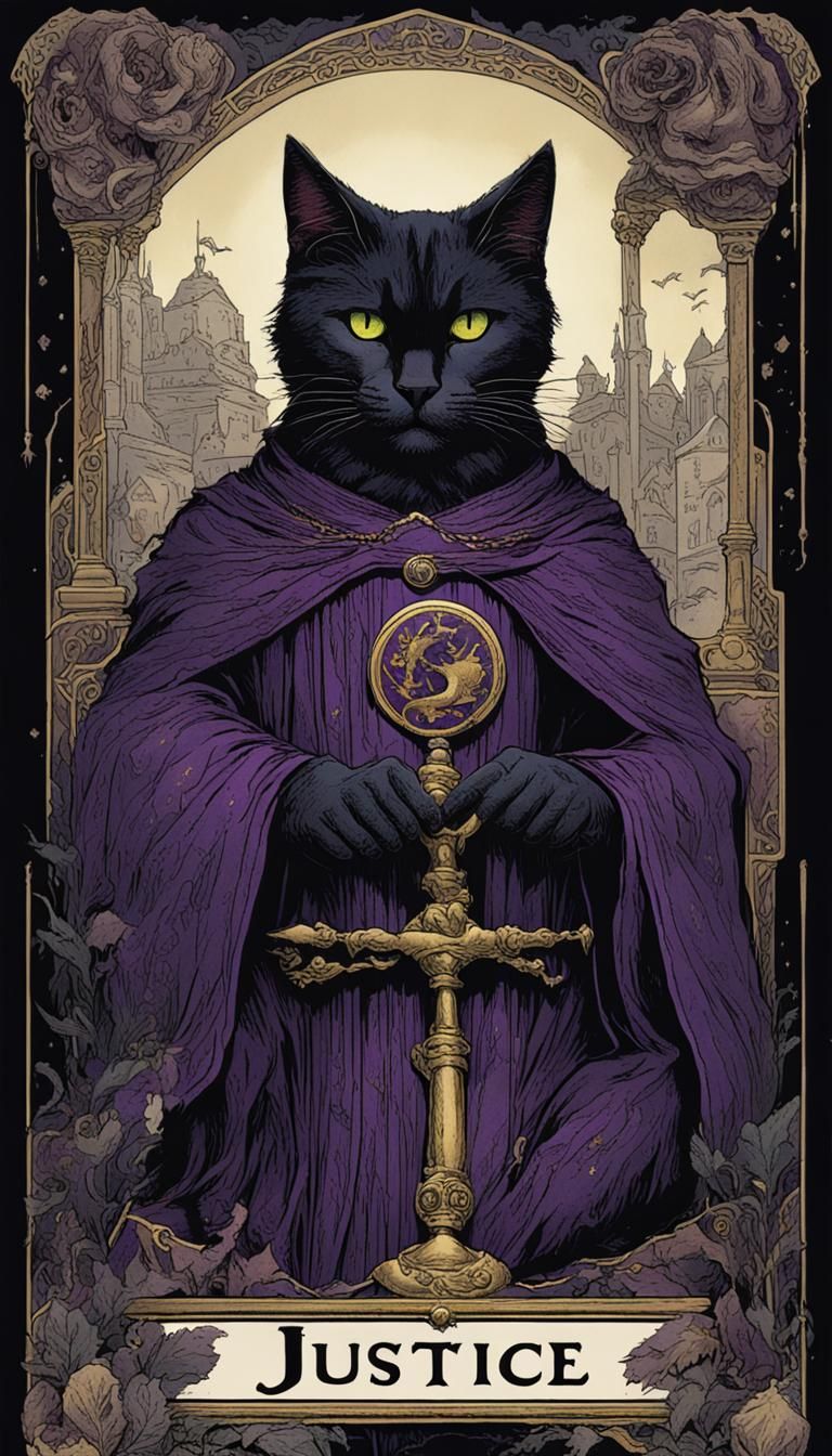 Black Cat Justice Tarot Card in Horror Style