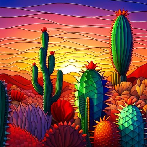 Blooming Cactus in Stained Glass Style